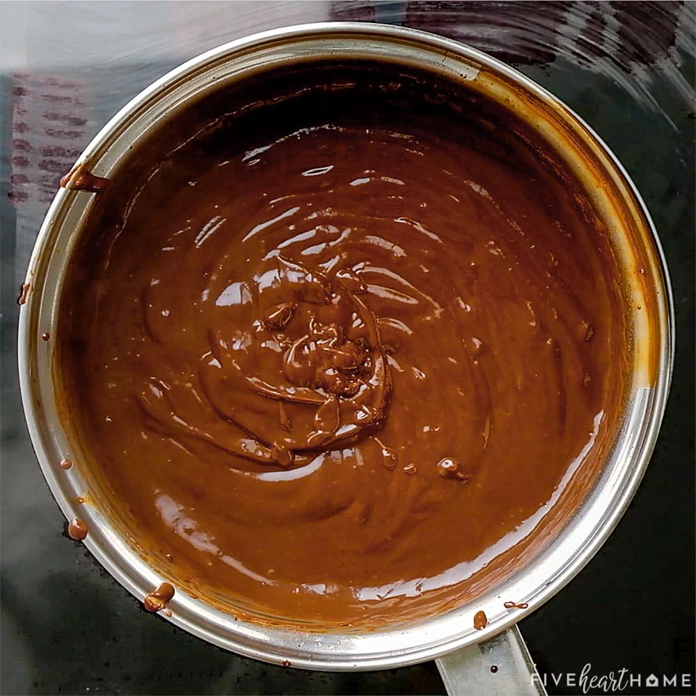 Aerial view of chocolate pudding recipe in pot.