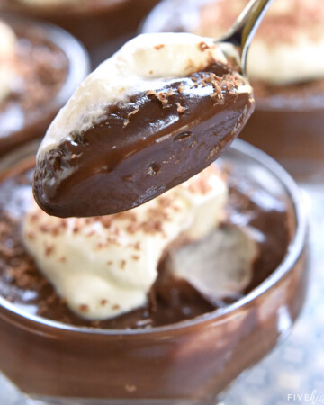 Homemade Chocolate Pudding in bowl and on spoon.