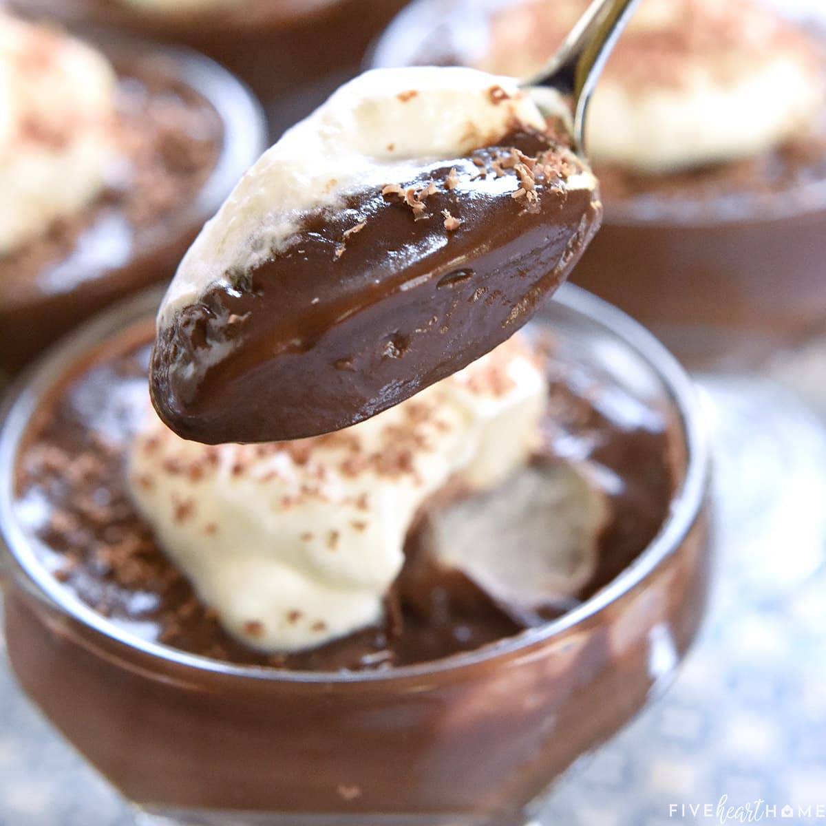 Homemade Chocolate Pudding in bowl and on spoon.