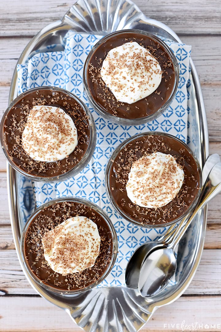 Aerial view of four bowls of Homemade Chocolate Pudding.