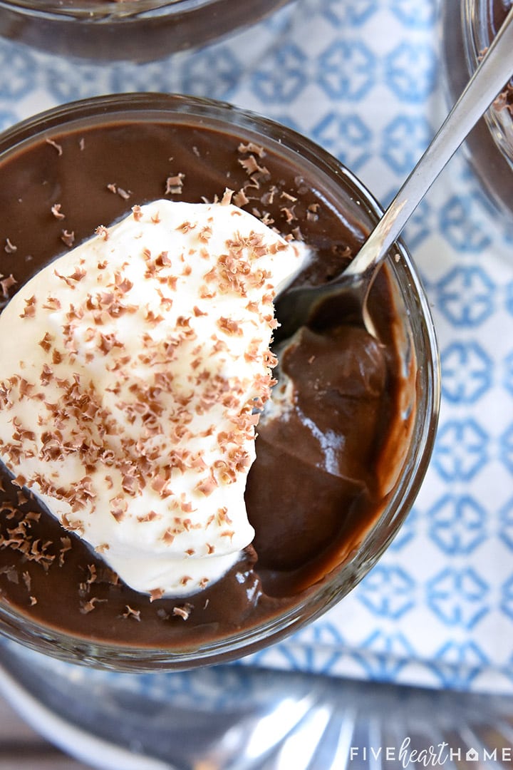 Aerial zoom of Homemade Chocolate Pudding with spoon.