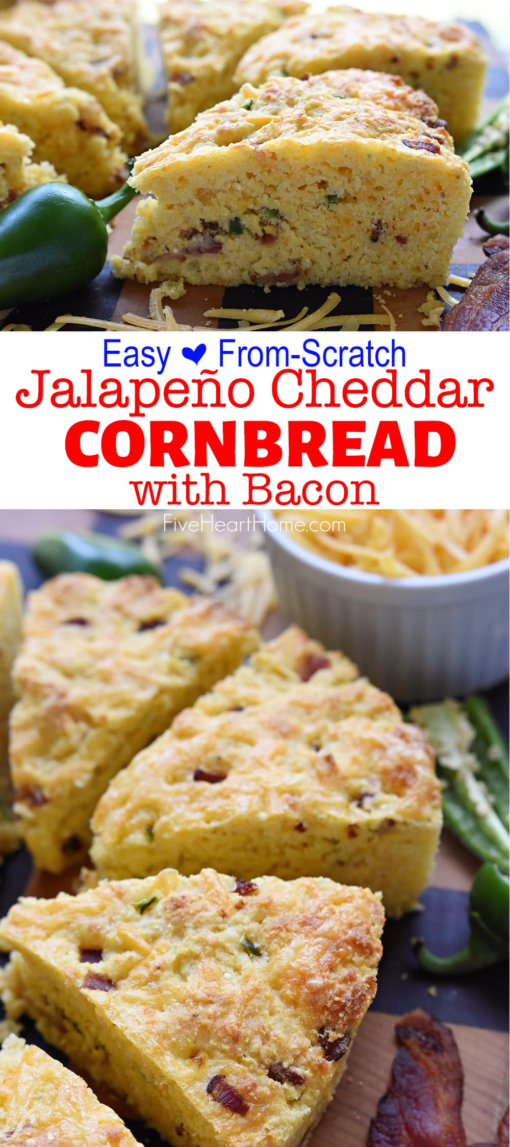 Jalapeño Cheddar Cornbread with Bacon ~ this from-scratch cornbread is moist, tender, and loaded with flavor...the perfect accompaniment for all of your favorite soups, stews, and chilis! | FiveHeartHome.com via @fivehearthome