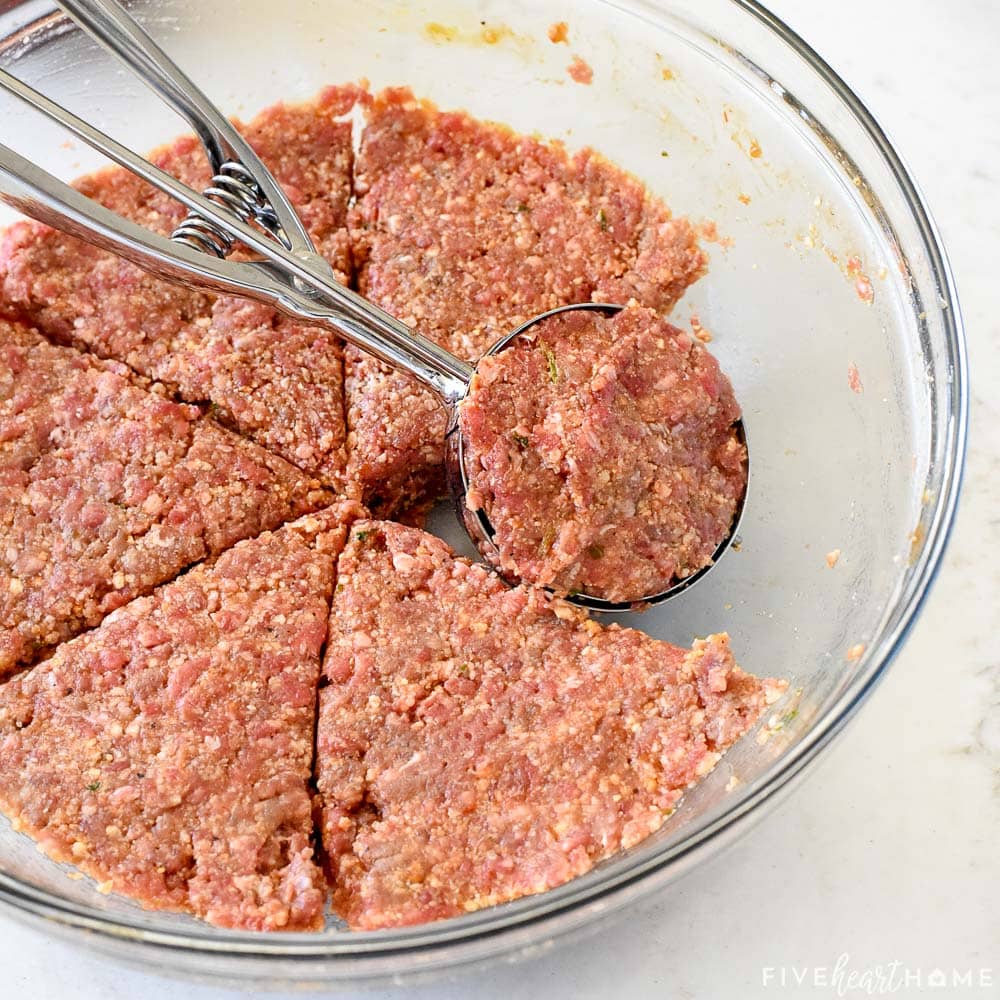 Mini Meatloaf mixture scooped into cookie scoop.