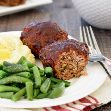Mini Meatloaf recipe, featuring two meatloaf muffins on a plate.