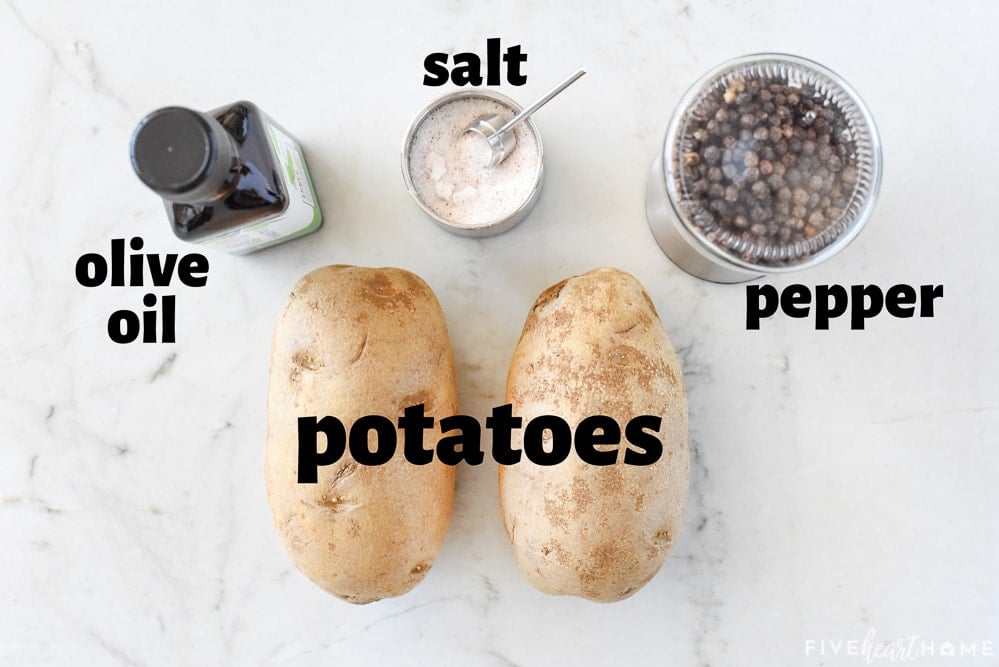 Aerial view of labeled potatoes, salt, pepper, and oil.