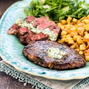 Steak Frites recipe on platter.