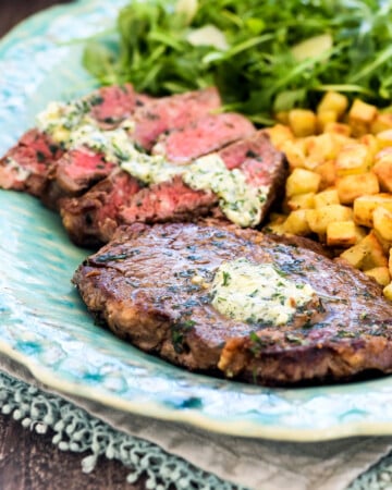 Steak Frites recipe on platter.