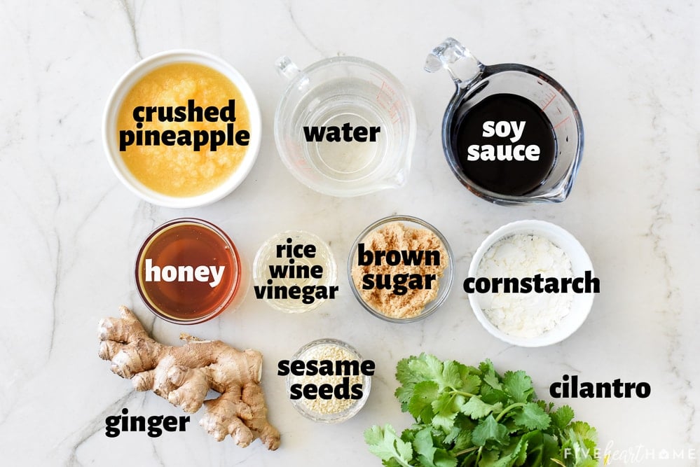 Aerial view of labeled sauce ingredients.