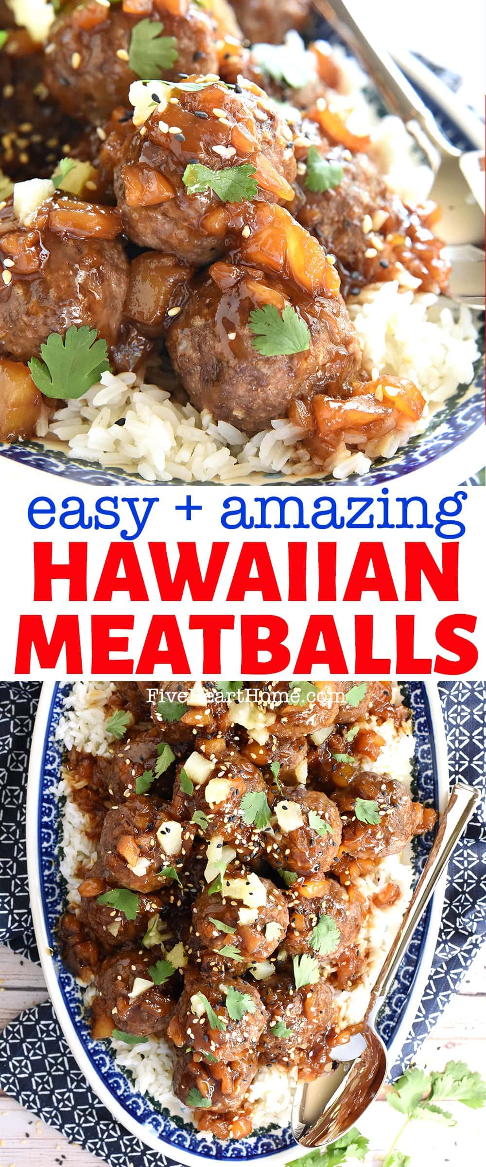 Hawaiian Meatballs ~ tender homemade meatballs smothered with a sweet and sticky, Polynesian-inspired pineapple sauce for a quick and easy dinner! | FiveHeartHome.com via @fivehearthome