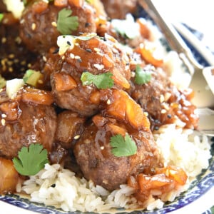 Hawaiian Meatballs on platter of rice.