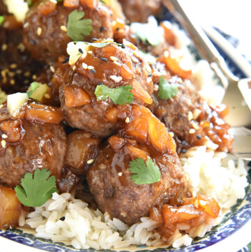 Hawaiian Meatballs on platter of rice.