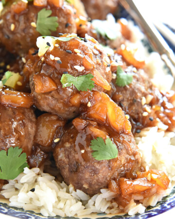 Hawaiian Meatballs on platter of rice.