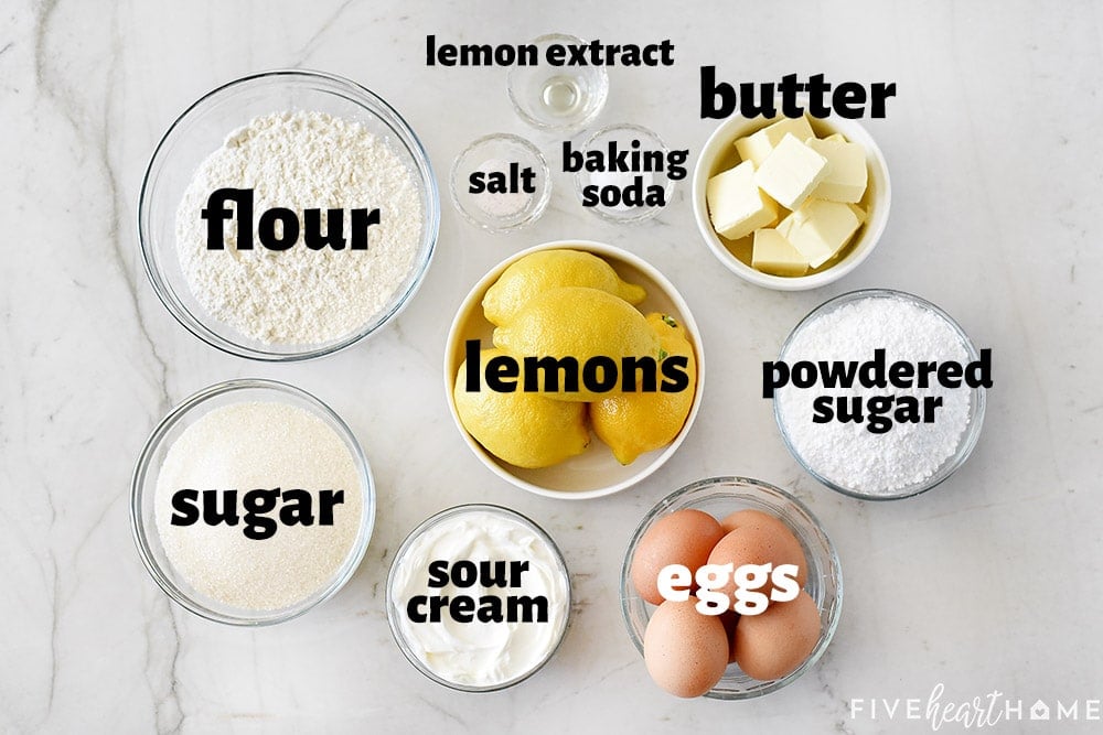 Aerial view of labeled ingredients for Lemon Pound Cake recipe.
