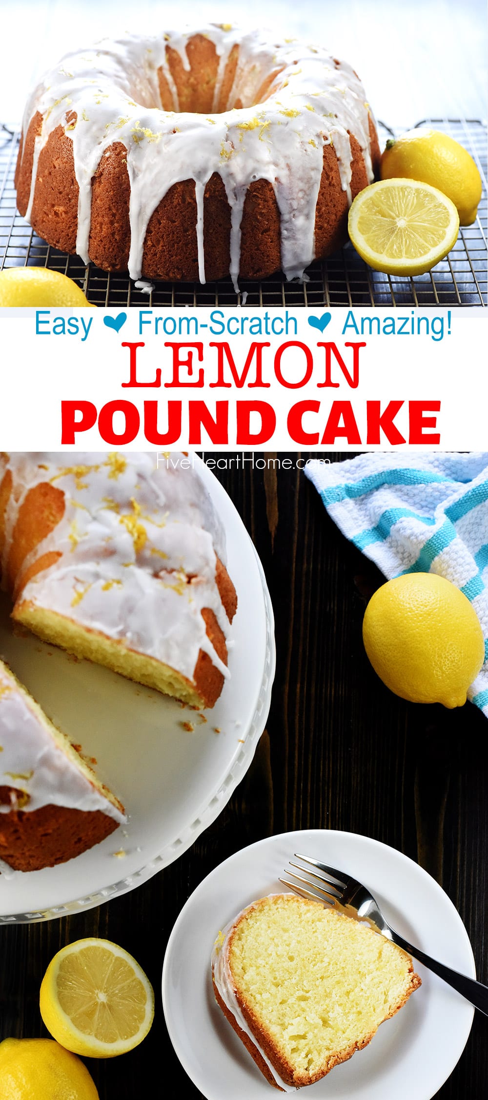 Lemon Pound Cake ~ soft and moist with a golden exterior and a tangy lemon glaze...an easy, scrumptious dessert recipe for Easter, spring, or summer! | FiveHeartHome.com via @fivehearthome