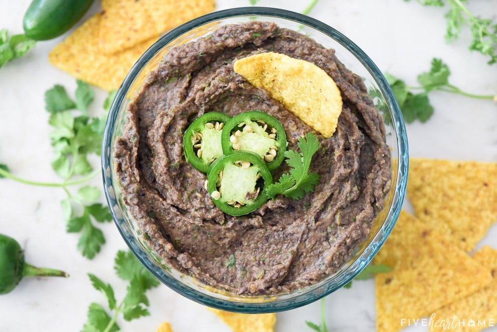 Aerial view of bowl of Black Bean Dip.