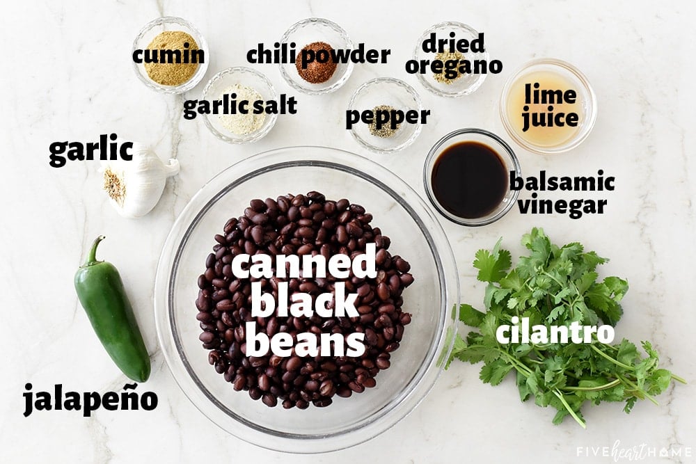 Labeled ingredients to make Black Bean Dip recipe.