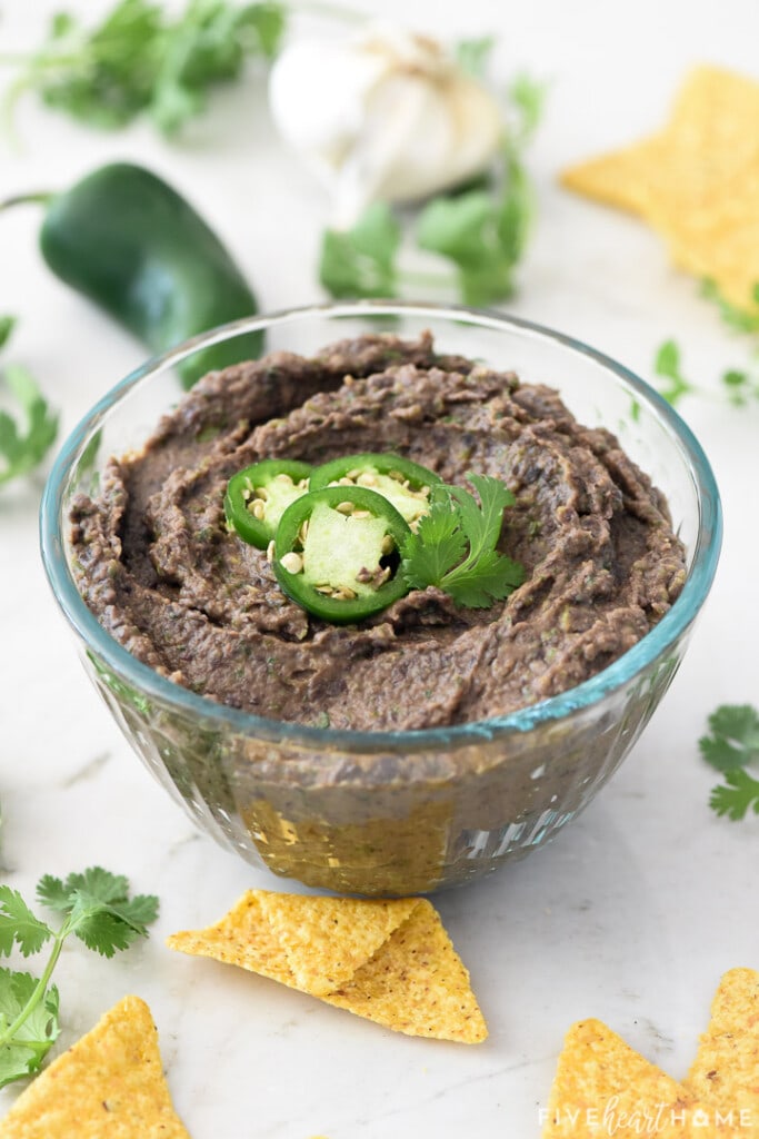 Healthy Black Bean Dip in glass bowl.