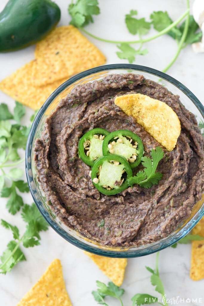 Aerial view of healthy Black Bean Dip recipe.