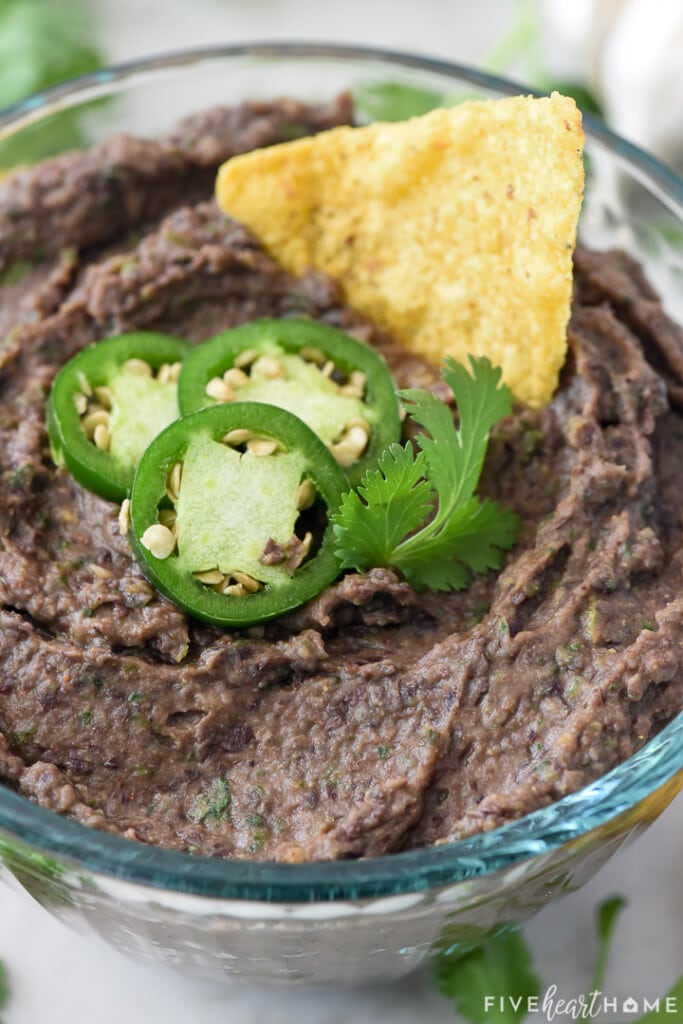 Close-up of healthy Bean Dip with garnish.