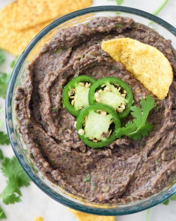Aerial view of Black Bean Dip in bowl.