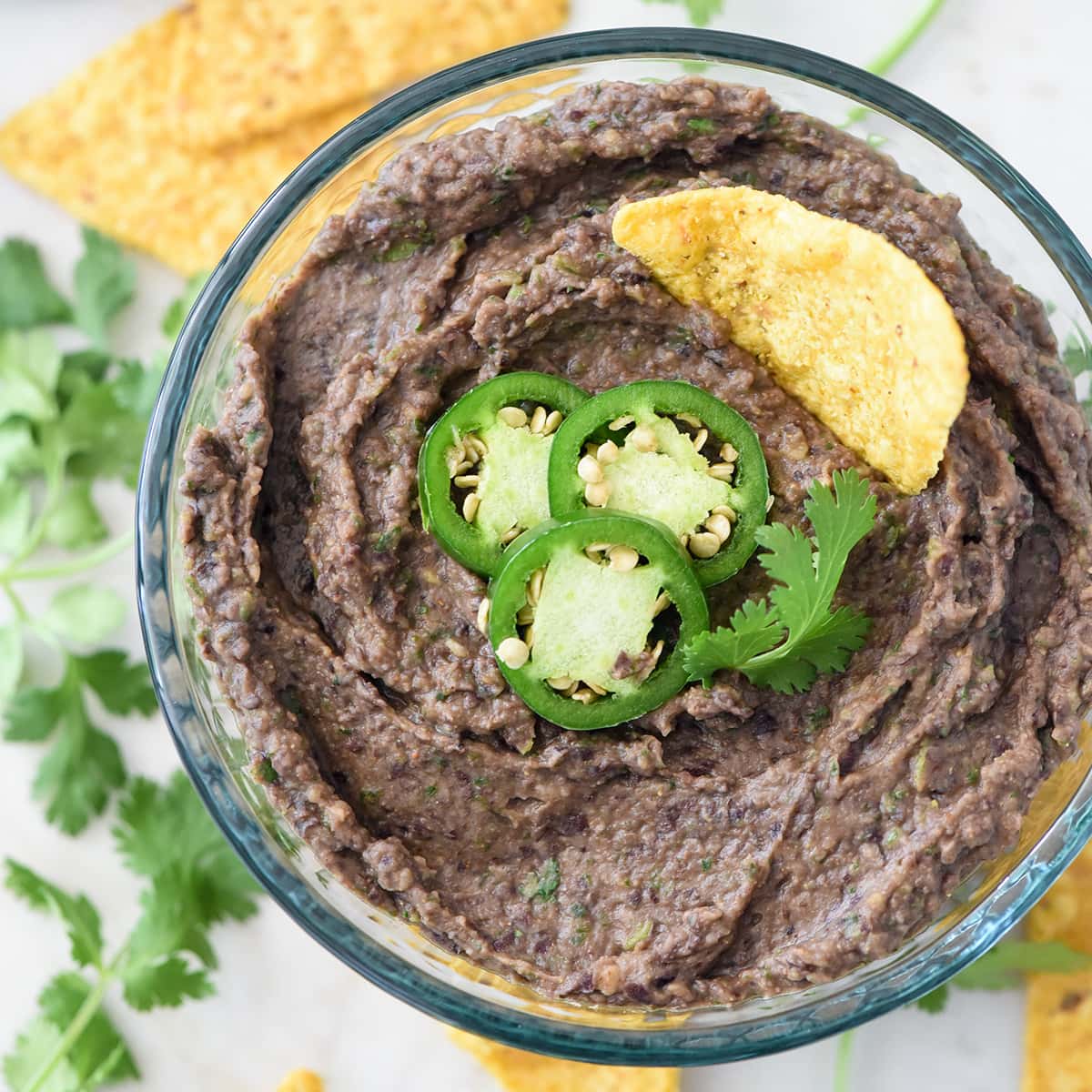 Aerial view of Black Bean Dip in bowl.