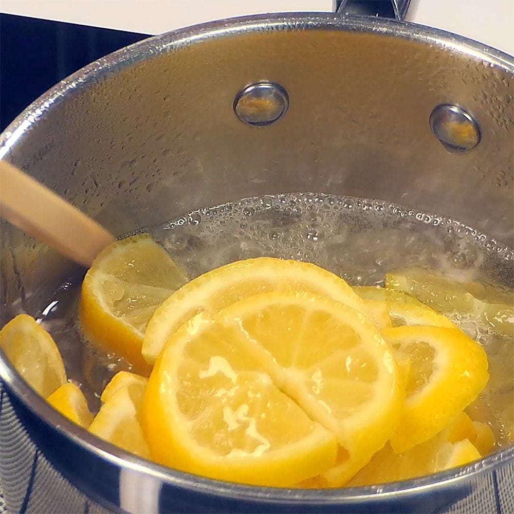 Making Lemon Simple Syrup in pot.