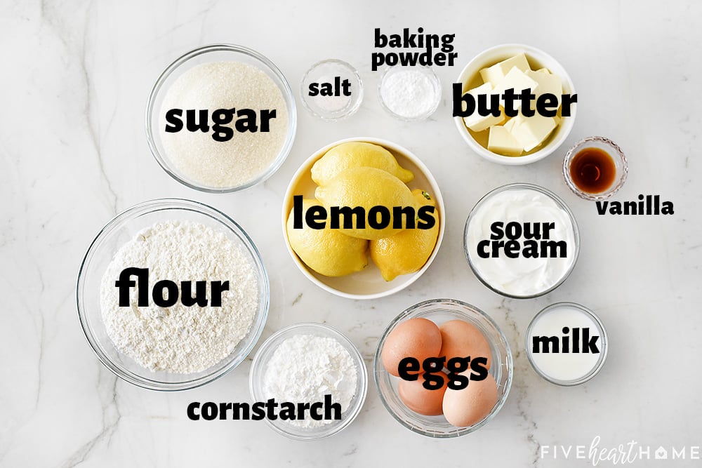 Aerial view of ingredients for Lemon Cupcake recipe.