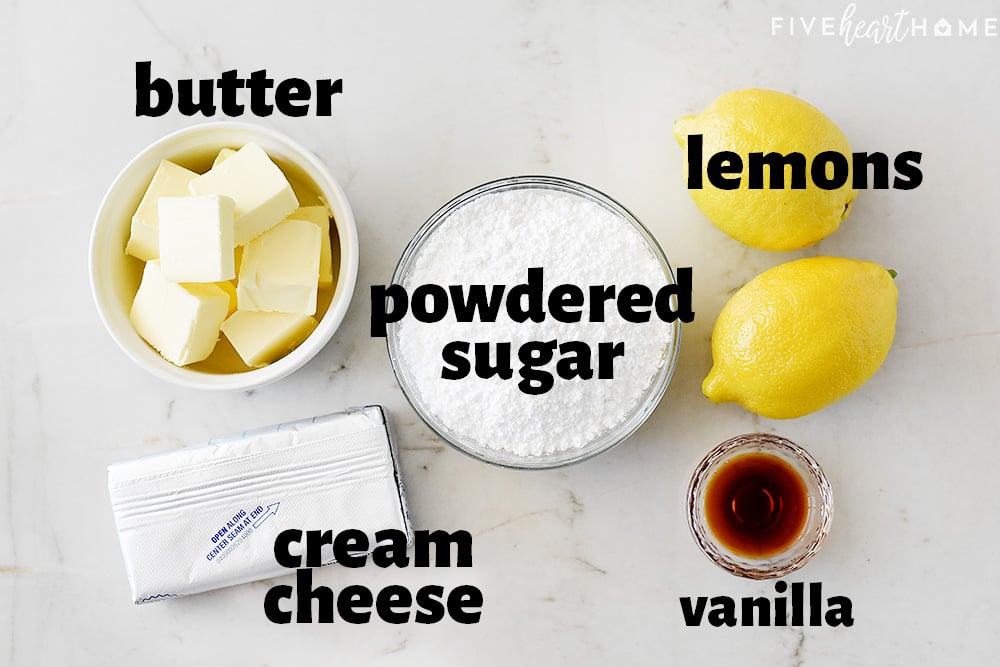 Aerial view of ingredients for Lemon Cream Cheese Frosting.