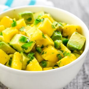 Close-up of Mango Avocado Salsa in bowl.