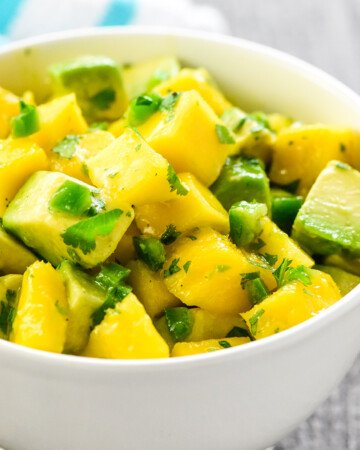 Close-up of Mango Avocado Salsa in bowl.