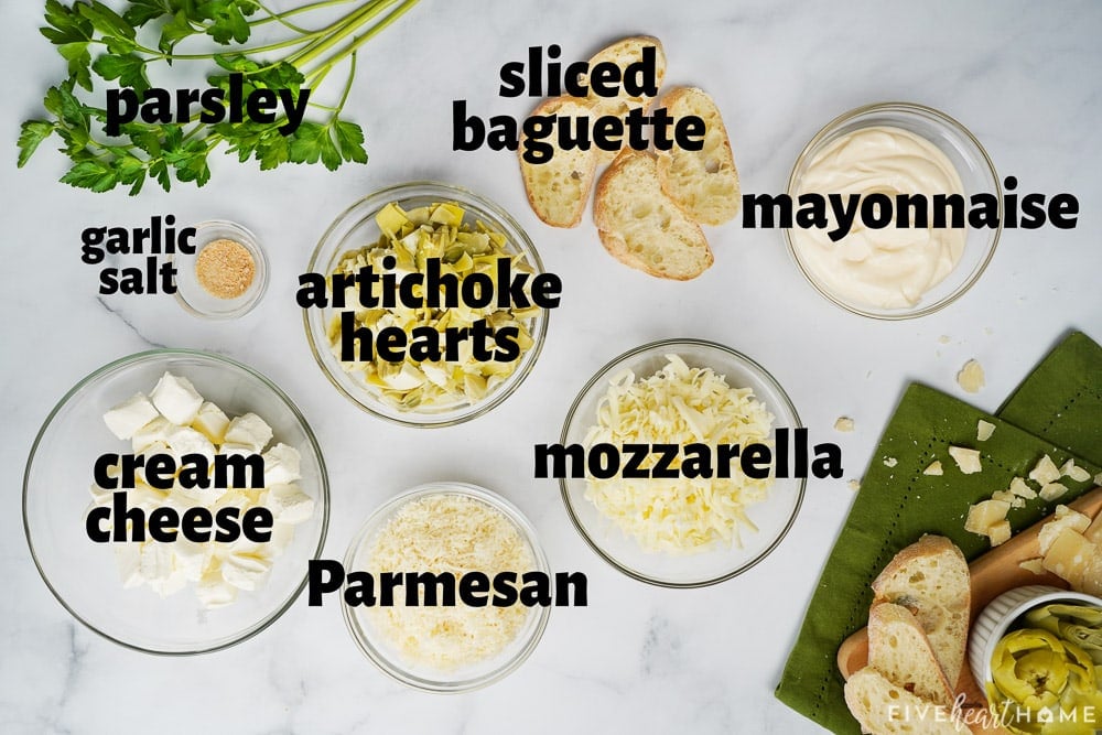 Labeled ingredients to make Artichoke Bruschetta recipe.