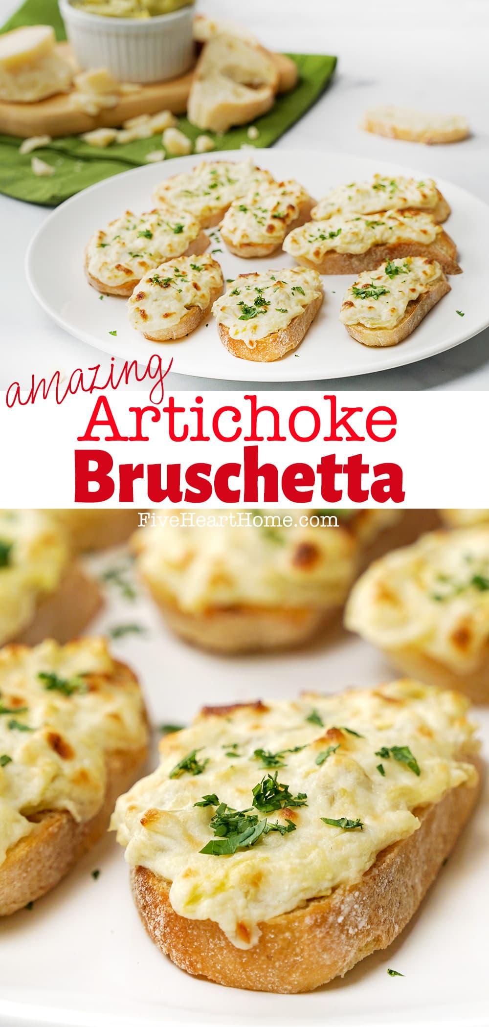 Artichoke Bruschetta ~ toasty baguette slices topped with a creamy artichoke spread and then broiled until bubbly for an easy appetizer that's fancy enough for a party! | FiveHeartHome.com via @fivehearthome