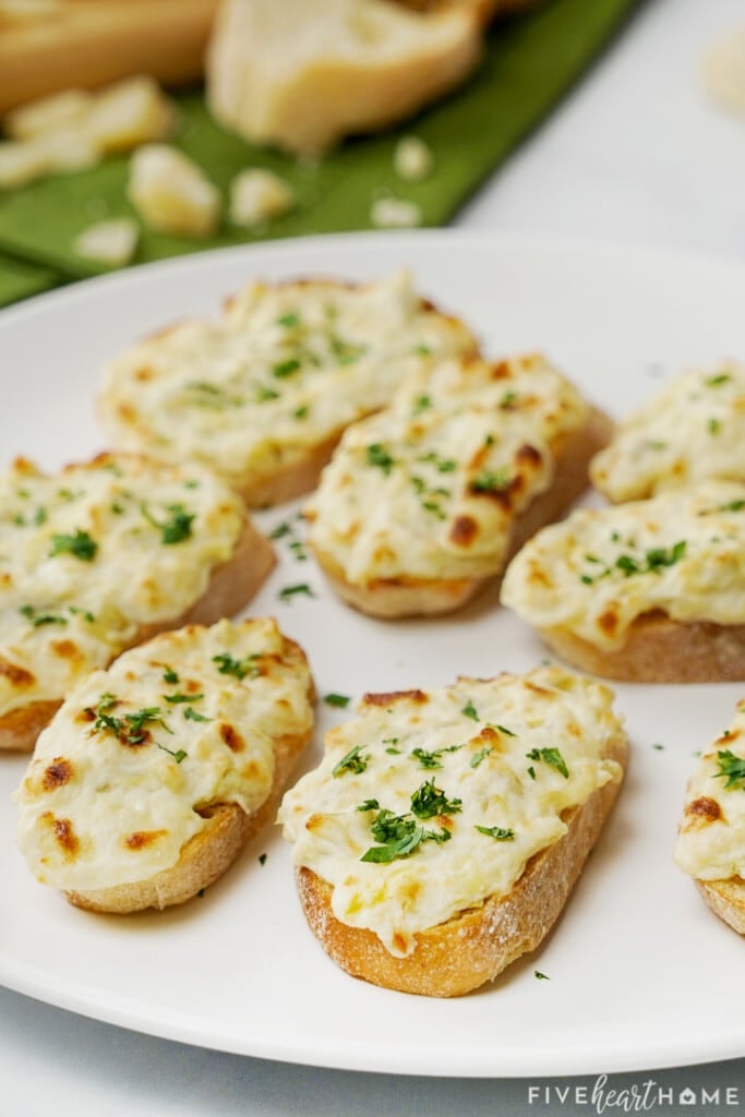 Artichoke Bruschetta on white platter.