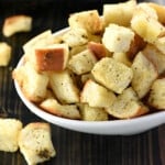 Homemade Croutons recipe in white bowl.