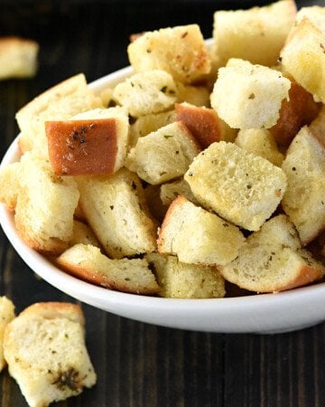 Homemade Croutons recipe in white bowl.