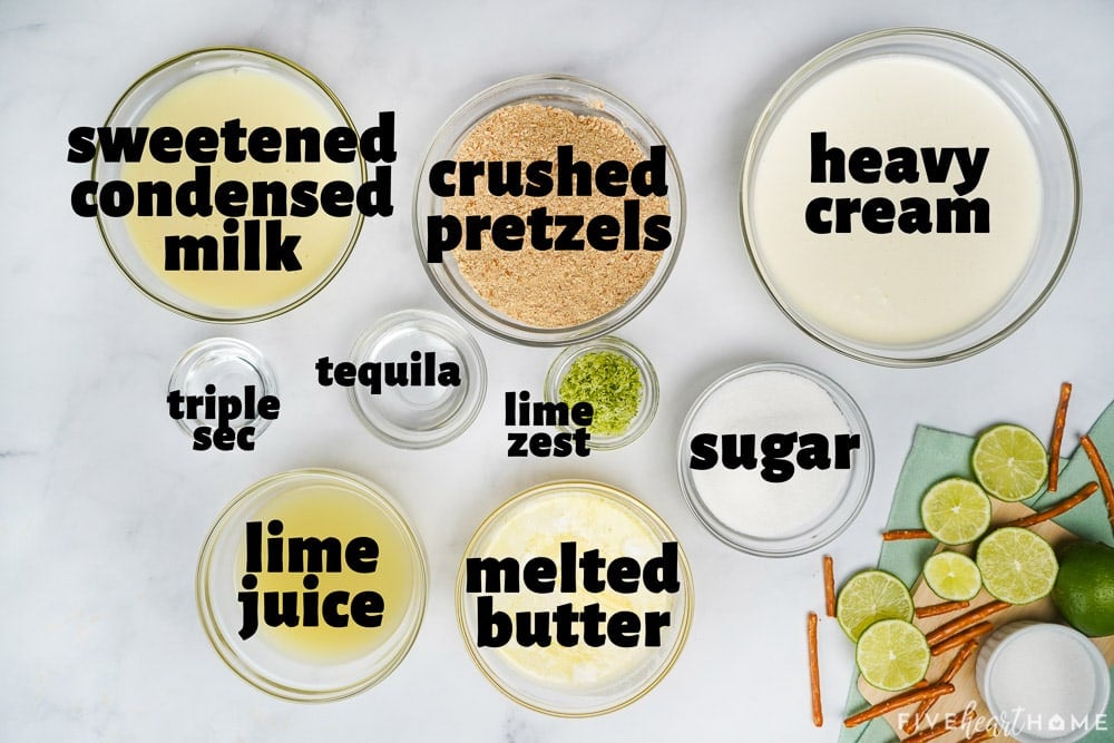 Labeled ingredients to make Frozen Margarita Pie.
