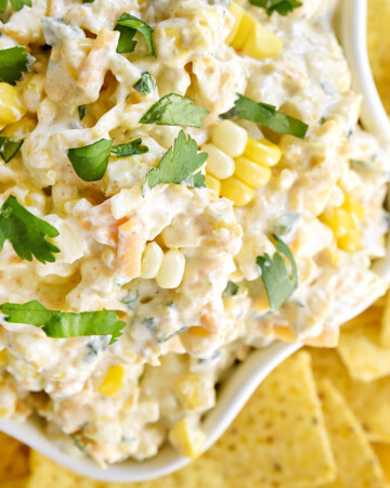 Close-up aerial view of The Best Corn Dip made with fresh or frozen corn.