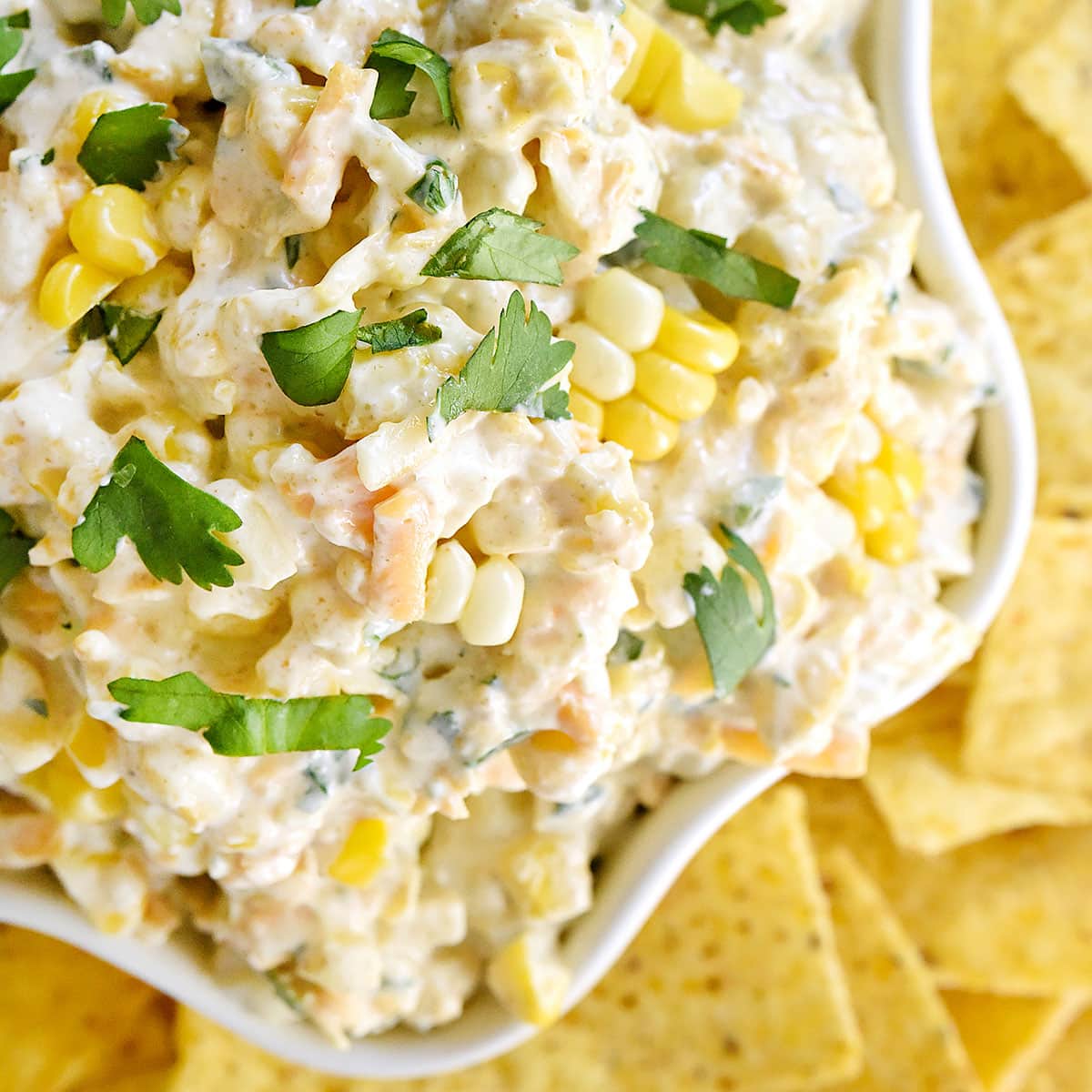 Close-up aerial view of The Best Corn Dip made with fresh or frozen corn.