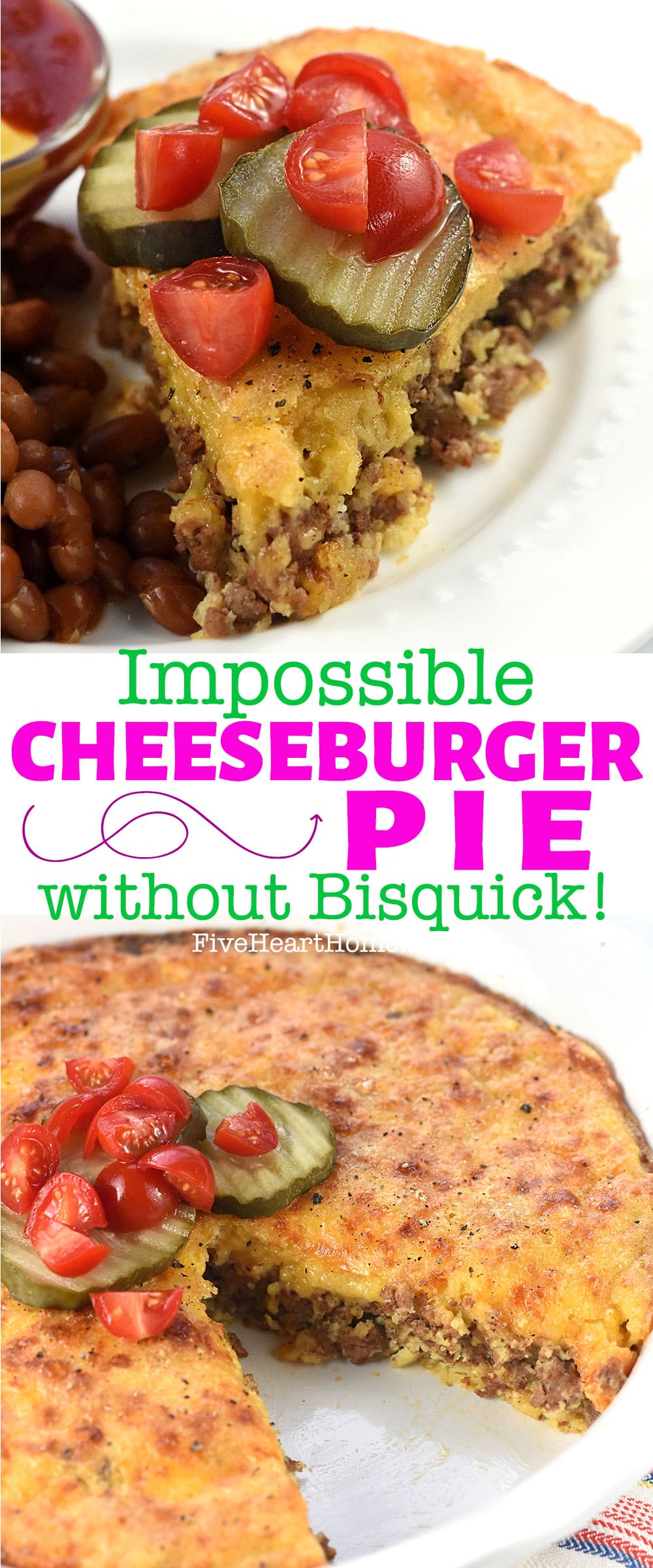 Impossible Cheeseburger Pie without Bisquick ~ a wholesome, from-scratch twist on the classic recipe featuring seasoned ground beef, grated cheddar cheese, and a homemade topping made with whole wheat flour! | FiveHeartHome.com via @fivehearthome