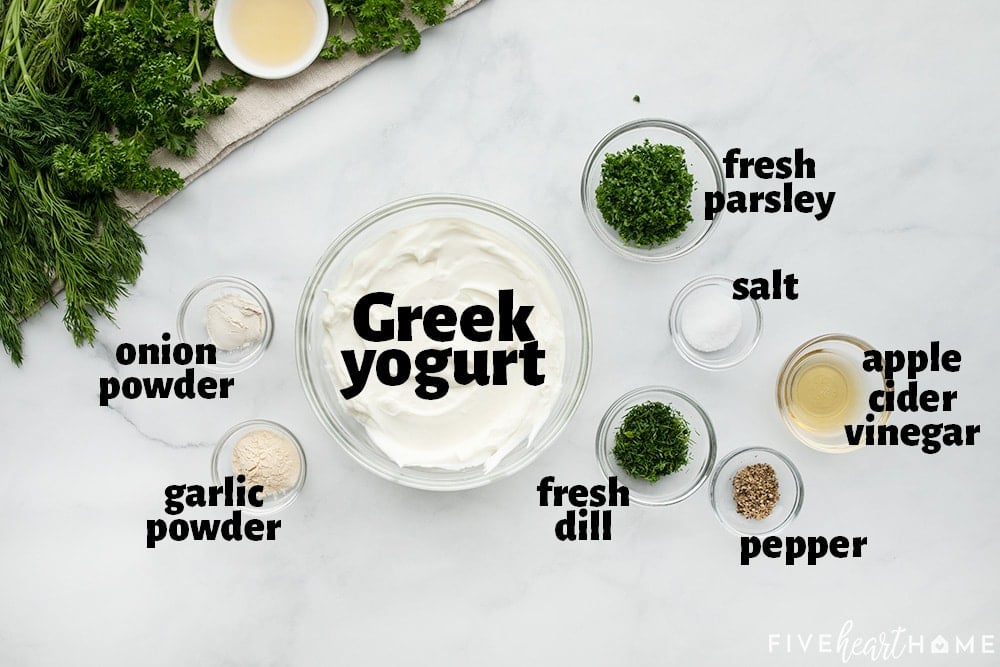 Labeled ingredients to make Greek Yogurt Dip recipe.