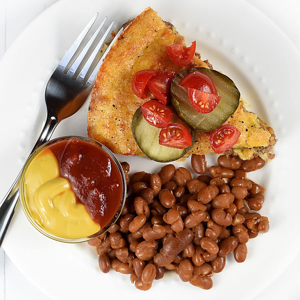 Aerial view of Cheeseburger Pie without Bisquick.