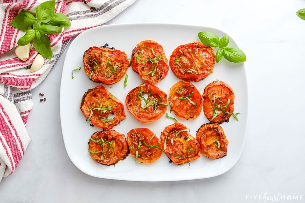 Aerial view of Oven Roasted Tomatoes on platter.