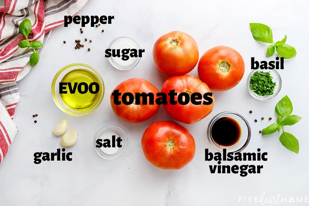 Aerial view of labeled ingredients to make Roasted Tomatoes.