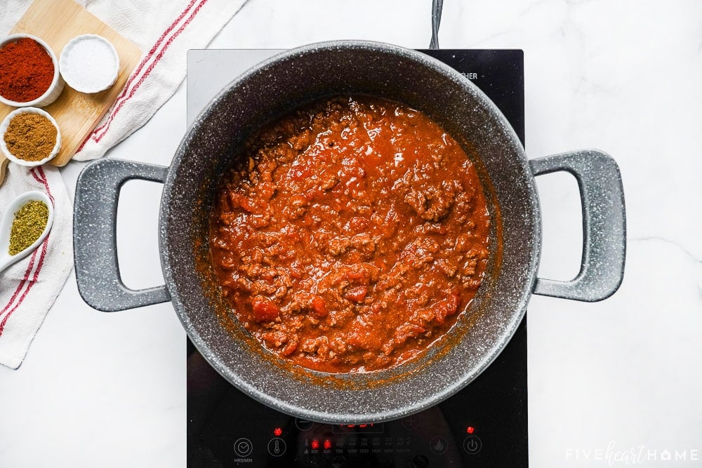 Finished pot of chili made from Chili Seasoning recipe.