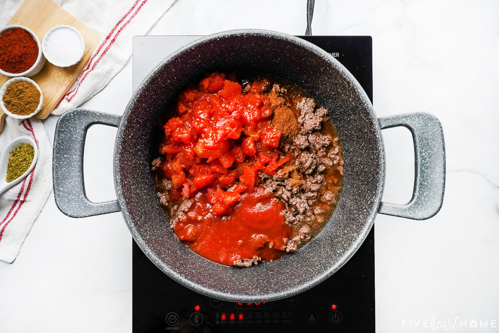 Ground beef plus other ingredients in pot.