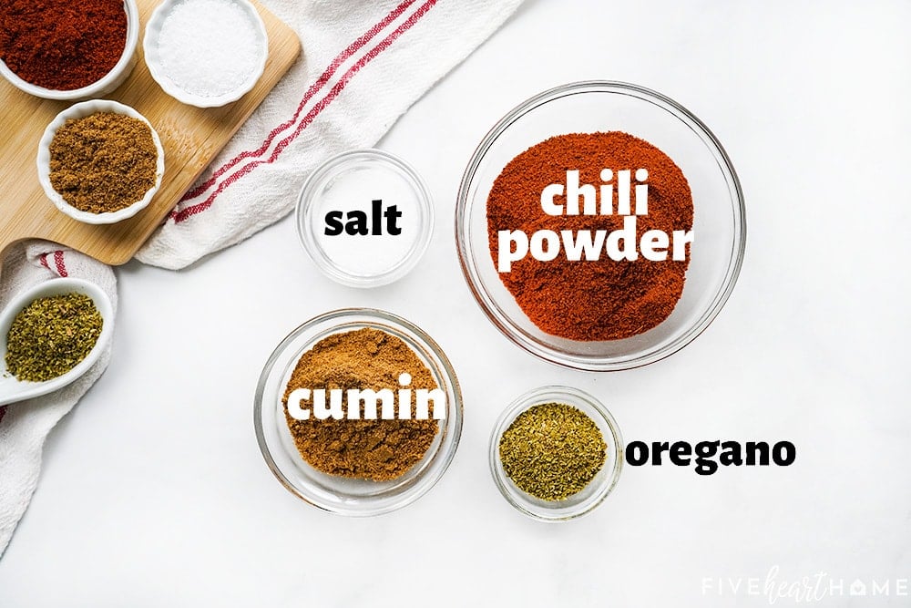 Labeled ingredients to make Chili Seasoning recipe.