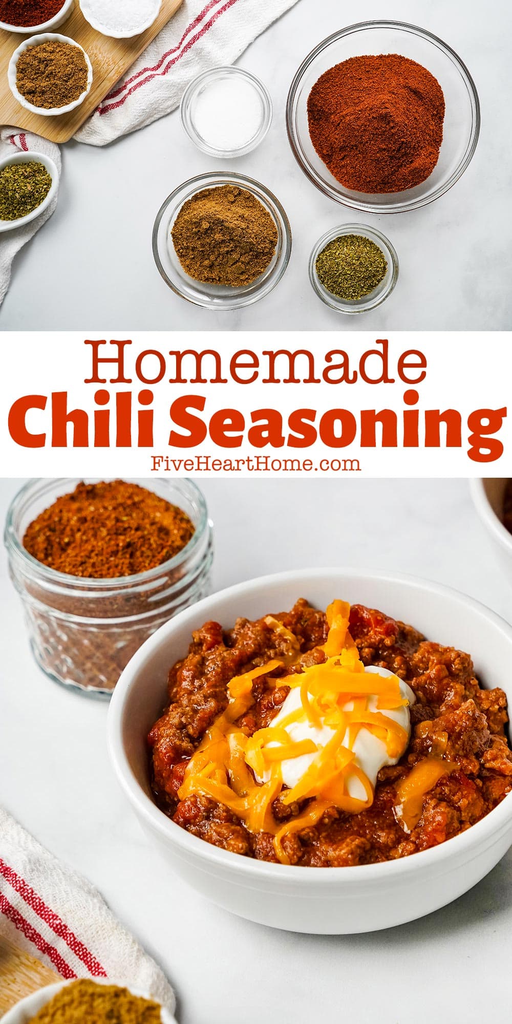 Homemade Chili Seasoning ~ make this mix in bulk to have on hand any time you want to whip up a quick pot of chili! Not only does it taste great, but since you control the ingredients, there are none of the icky preservatives that can be found in store-bought mix. | FiveHeartHome.com via @fivehearthome