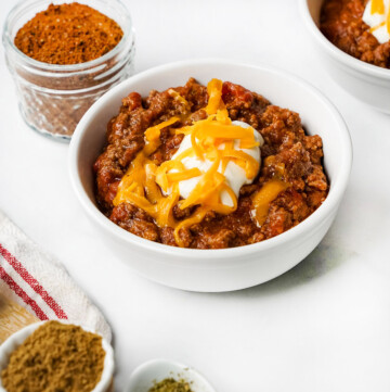 Chili Seasoning in jar and used to make chili recipe.