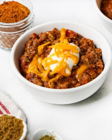 Chili Seasoning in jar and used to make chili recipe.