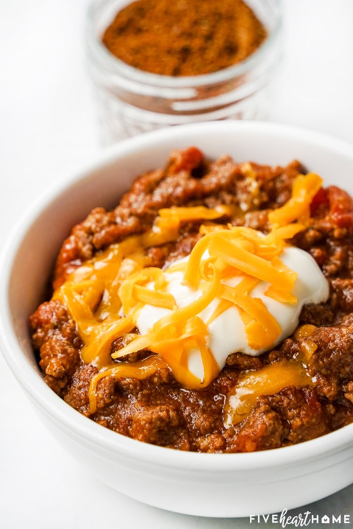 Close-up of chili recipe made with homemade Chili Seasoning.